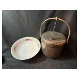 Sheffield Silver-plated Ice Bucket with Milk Glass Insert Germany-Made Porcelain Bowl with Floral Rim  (Lot of 2)