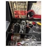 Bicycle Repair Assorted Hand Tools in Metal Toolbox - Wrenches, Pliers, Clamp & Bike Rim Manual