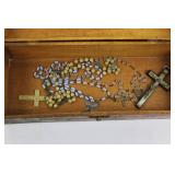 Keepsake Box - Floral Hand-Painted Wood with Poinsettia Design and Rosaries Inside