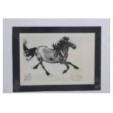 Galloping Horse Ink-Wash Painting - Framed Asian Art with Red Seal & Calligraphy