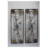 Floral Metal Wall Art Panels - 32" x 12" Set of 2 Black Wrought Iron Flower Scrollwork