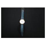 Omega Quartz Wristwatch - Gold-Tone Case, Blue Leather Strap, Swiss Made Not working  condition