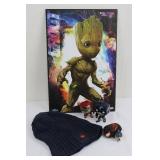 Groot Poster with Iron Man & Captain America Mini-Figures, Spider-Man Plush Ball, Knit Beanie