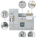 Teamson Kids Little Chef Charlotte Modern Modular Interactive Wooden Play Kitchen with Refrigerator, Stove and Sink in Gray with Gold Accents