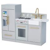 Teamson Kids Little Chef Charlotte Modern Modular Interactive Wooden Play Kitchen with Refrigerator, Stove and Sink in Gray with Gold Accents