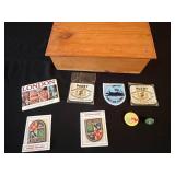 Vintage Patch & Pin Collection in Wooden Box - Ireland & London Souvenirs