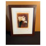 Wood Flowers Framed Floral Art - 2 Prints & Glass Vase w Wooden Tulips