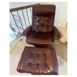 Brown Leather Lounge Chair With Ottoman - Tufted, Circular Wood Base