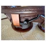 Brown Leather Lounge Chair With Ottoman - Tufted, Circular Wood Base