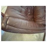 Brown Leather Lounge Chair With Ottoman - Tufted, Circular Wood Base