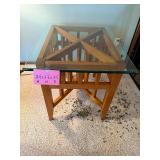 End Table with Glass Top, Criss-Cross Wood Frame, 24 x 23 x 29 (H x W x D)