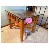 End Table with Glass Top, Criss-Cross Wood Frame, 24 x 23 x 29 (H x W x D)