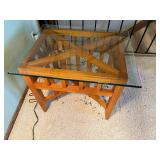End Table with Glass Top, Criss-Cross Wood Frame, 24 x 23 x 29 (H x W x D)
