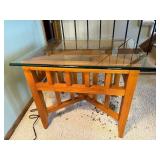 End Table with Glass Top, Criss-Cross Wood Frame, 24 x 23 x 29 (H x W x D)