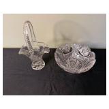 Crystal Cut Glass Basket with Handle & Matching Bowl Set