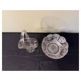 Crystal Cut Glass Basket with Handle & Matching Bowl Set