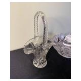 Crystal Cut Glass Basket with Handle & Matching Bowl Set