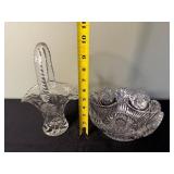 Crystal Cut Glass Basket with Handle & Matching Bowl Set