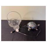 Crystal Cut-Glass Pedestal Compote Bowl with Handle & Turtle Mosaic Glass Lamp