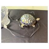 Crystal Cut-Glass Pedestal Compote Bowl with Handle & Turtle Mosaic Glass Lamp