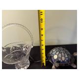 Crystal Cut-Glass Pedestal Compote Bowl with Handle & Turtle Mosaic Glass Lamp