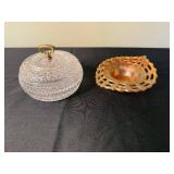 Fenton Marigold Carnival Glass Basketweave Open Lace Bowl & VTG Crystal Glass Covered Bowl with Lid