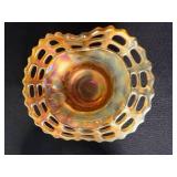 Fenton Marigold Carnival Glass Basketweave Open Lace Bowl & VTG Crystal Glass Covered Bowl with Lid