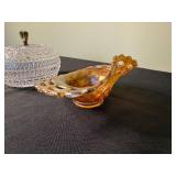 Fenton Marigold Carnival Glass Basketweave Open Lace Bowl & VTG Crystal Glass Covered Bowl with Lid