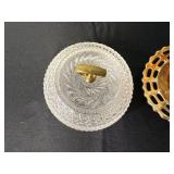 Fenton Marigold Carnival Glass Basketweave Open Lace Bowl & VTG Crystal Glass Covered Bowl with Lid