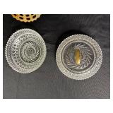 Fenton Marigold Carnival Glass Basketweave Open Lace Bowl & VTG Crystal Glass Covered Bowl with Lid