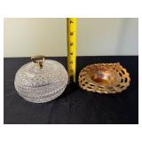 Fenton Marigold Carnival Glass Basketweave Open Lace Bowl & VTG Crystal Glass Covered Bowl with Lid