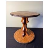 Oak Round Pedestal End Table with Carved Double-Scroll Base