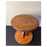 Oak Round Pedestal End Table with Carved Double-Scroll Base