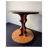 Oak Round Pedestal End Table with Carved Double-Scroll Base
