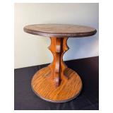 Oak Round Pedestal End Table with Carved Double-Scroll Base