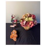 Hydrangea Bouquet Decor with Plaid Reindeer & Plush Bear, Holiday Display