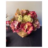 Hydrangea Bouquet Decor with Plaid Reindeer & Plush Bear, Holiday Display