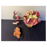 Hydrangea Bouquet Decor with Plaid Reindeer & Plush Bear, Holiday Display