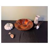 White Ceramic Pumpkin with Glass Stem, Glazed Plate & Floral Vases - Mantel Decor Set