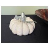 White Ceramic Pumpkin with Glass Stem, Glazed Plate & Floral Vases - Mantel Decor Set