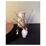 White Ceramic Pumpkin with Glass Stem, Glazed Plate & Floral Vases - Mantel Decor Set