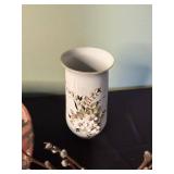 White Ceramic Pumpkin with Glass Stem, Glazed Plate & Floral Vases - Mantel Decor Set