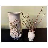 White Ceramic Pumpkin with Glass Stem, Glazed Plate & Floral Vases - Mantel Decor Set