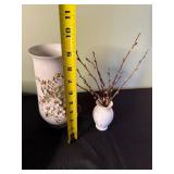 White Ceramic Pumpkin with Glass Stem, Glazed Plate & Floral Vases - Mantel Decor Set