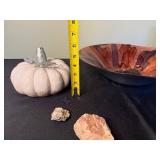 White Ceramic Pumpkin with Glass Stem, Glazed Plate & Floral Vases - Mantel Decor Set