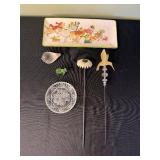 Glass Ornament Picks: Daisy Top, Beaded Bird Top, Frosted Bird; Dog Plate & Fruit Dish