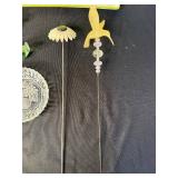 Glass Ornament Picks: Daisy Top, Beaded Bird Top, Frosted Bird; Dog Plate & Fruit Dish