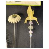 Glass Ornament Picks: Daisy Top, Beaded Bird Top, Frosted Bird; Dog Plate & Fruit Dish