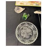 Glass Ornament Picks: Daisy Top, Beaded Bird Top, Frosted Bird; Dog Plate & Fruit Dish