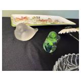 Glass Ornament Picks: Daisy Top, Beaded Bird Top, Frosted Bird; Dog Plate & Fruit Dish